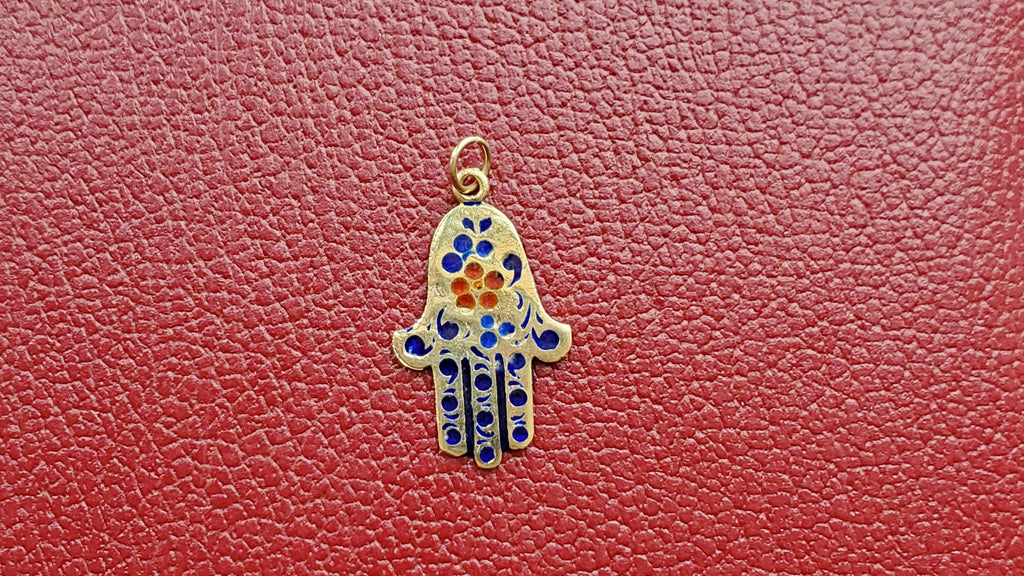 Rare Gold Enamel Lucky Hamsa Pendant