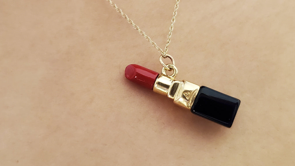 14k Gold Enamel Lipstick Pendant